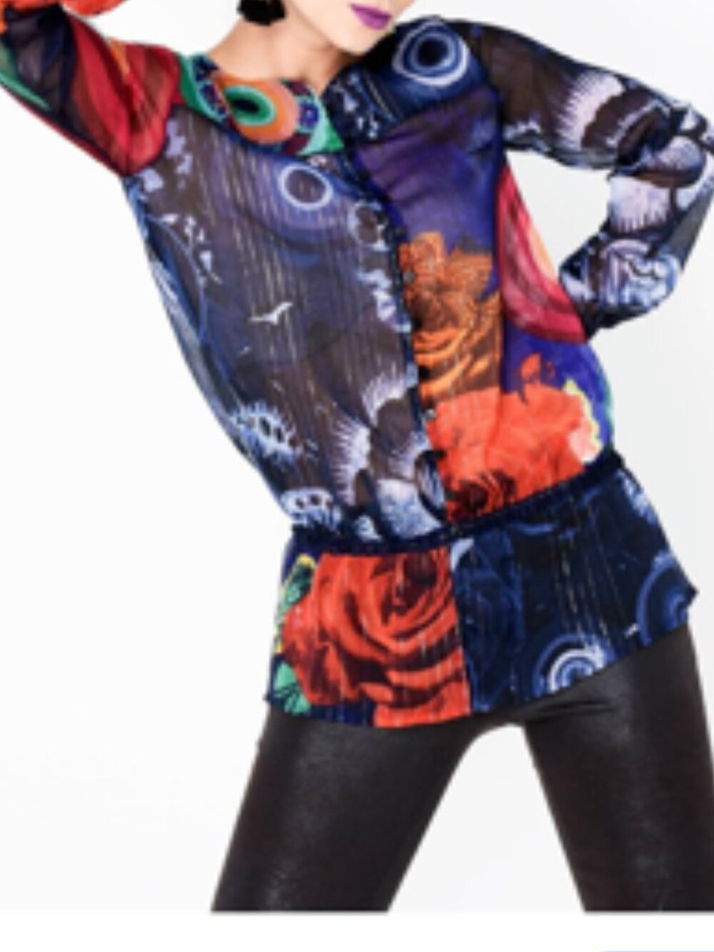 Desigual Sheer Flowy Peplum Top Boho Artsy Festival